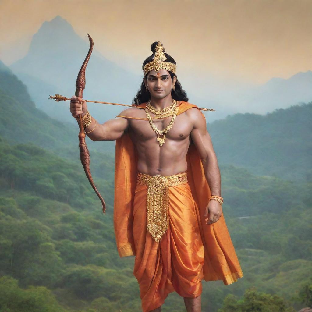 An artistic representation of Shree Ram, with majestic attire, holding his divine bow and arrow, in a backdrop of peaceful serene landscape.