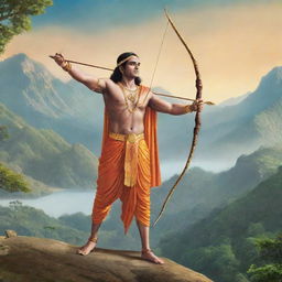 An artistic representation of Shree Ram, with majestic attire, holding his divine bow and arrow, in a backdrop of peaceful serene landscape.