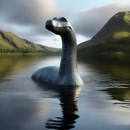 A photorealistic 3D render captures the legendary Loch Ness Monster