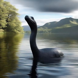 A photorealistic 3D render captures the legendary Loch Ness Monster