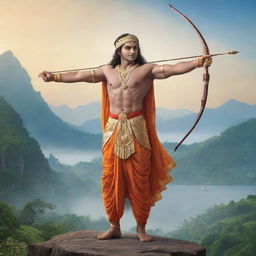 An artistic representation of Shree Ram, with majestic attire, holding his divine bow and arrow, in a backdrop of peaceful serene landscape.