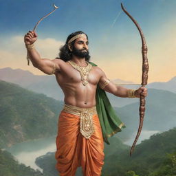 An artistic representation of Shree Ram, with majestic attire, holding his divine bow and arrow, in a backdrop of peaceful serene landscape.