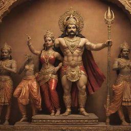 Portray Ram and Sita, standing triumphant, with a defeated Ravana in the backdrop, emphasizing the victory scene after their legendary battle.