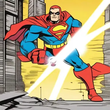 In the animated series, the superhero destructs the dangerous robot with his powerful laser beams.