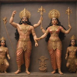 Portray Ram and Sita, standing triumphant, with a defeated Ravana in the backdrop, emphasizing the victory scene after their legendary battle.