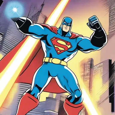 In the animated series, the superhero destructs the dangerous robot with his powerful laser beams.