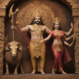 Portray Ram and Sita, standing triumphant, with a defeated Ravana in the backdrop, emphasizing the victory scene after their legendary battle.