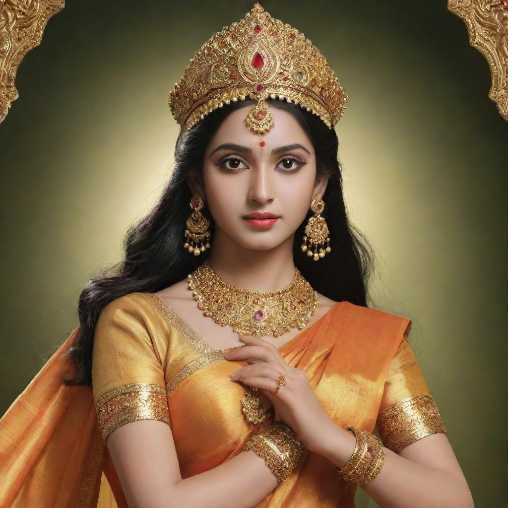 Generate an image of Sita from the Ramayana, depicted with traditional Indian attire and refined, divine features, embodying purity and femininity.