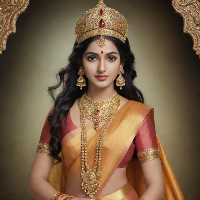 Generate an image of Sita from the Ramayana, depicted with traditional Indian attire and refined, divine features, embodying purity and femininity.