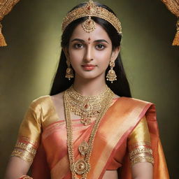 Generate an image of Sita from the Ramayana, depicted with traditional Indian attire and refined, divine features, embodying purity and femininity.