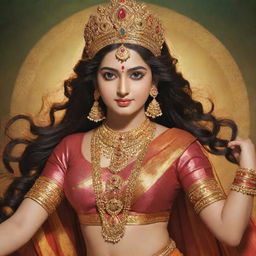 Generate an image of Sita as described by Ravana in Valmiki's Ramayana, highlighting Sita's immense beauty, adorned with royal attire, and possessing an aura of grace and elegance.