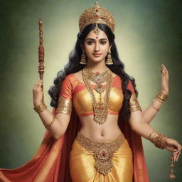 Generate an image of Sita as described by Ravana in Valmiki's Ramayana, highlighting Sita's immense beauty, adorned with royal attire, and possessing an aura of grace and elegance.