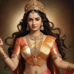 Generate an image of Sita as described by Ravana in Valmiki's Ramayana, highlighting Sita's immense beauty, adorned with royal attire, and possessing an aura of grace and elegance.