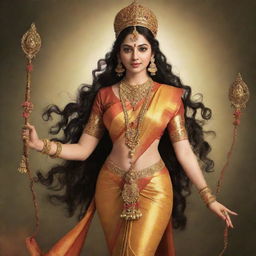 Generate an image of Sita as described by Ravana in Valmiki's Ramayana, highlighting Sita's immense beauty, adorned with royal attire, and possessing an aura of grace and elegance.