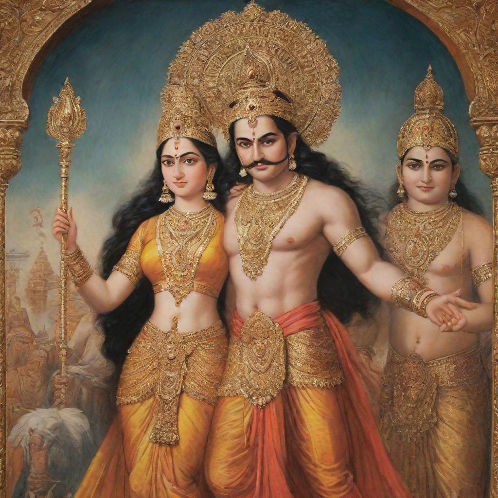 Portray Sita and Ravana, as described in Valmiki's Ramayana, where Sita embodies grace, elegance and royal beauty, contrasted by a towering, fierce-looking Ravana.