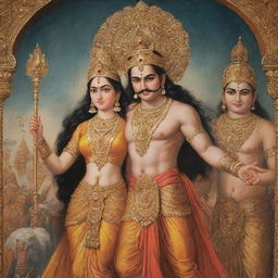 Portray Sita and Ravana, as described in Valmiki's Ramayana, where Sita embodies grace, elegance and royal beauty, contrasted by a towering, fierce-looking Ravana.