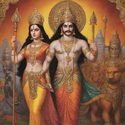 Portray Sita and Ravana, as described in Valmiki's Ramayana, where Sita embodies grace, elegance and royal beauty, contrasted by a towering, fierce-looking Ravana.