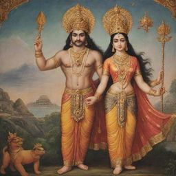 Portray Sita and Ravana, as described in Valmiki's Ramayana, where Sita embodies grace, elegance and royal beauty, contrasted by a towering, fierce-looking Ravana.