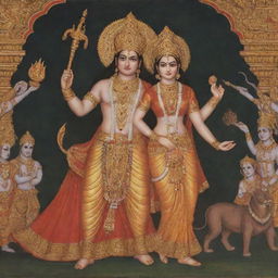 Portray Sita and Ravana, as described in Valmiki's Ramayana, where Sita embodies grace, elegance and royal beauty, contrasted by a towering, fierce-looking Ravana.