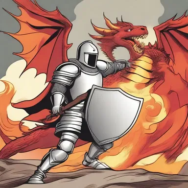 In the cartoon, the knight bravely held up his pavis shield to defend against the dragon's fiery breath.