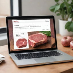 Generate a picture of a detailed, professional-looking butcher's website, incorporating elements related to the meat industry, displayed as a screenshot on a laptop screen.