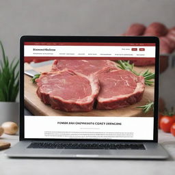 Generate a picture of a detailed, professional-looking butcher's website, incorporating elements related to the meat industry, displayed as a screenshot on a laptop screen.