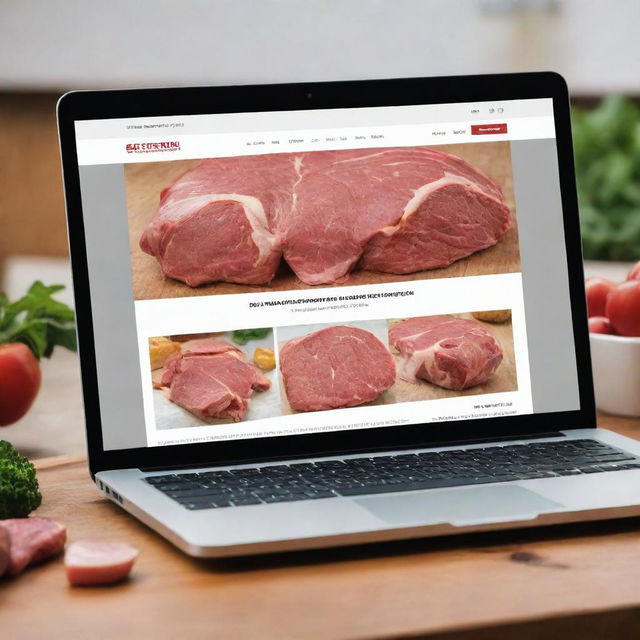 Generate a picture of a detailed, professional-looking butcher's website, incorporating elements related to the meat industry, displayed as a screenshot on a laptop screen.