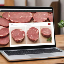 Generate a picture of a detailed, professional-looking butcher's website, incorporating elements related to the meat industry, displayed as a screenshot on a laptop screen.