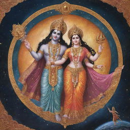 Create an image of Sita and Ravana, as described in Valmiki's Ramayana, positioned in outer space. Sita is adorned with royal attire displaying grace and elegance, with a powerful Ravana looming nearby.