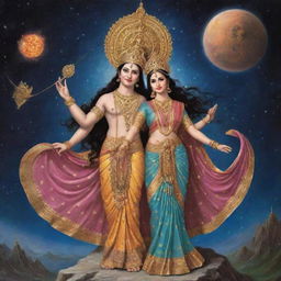 Create an image of Sita and Ravana, as described in Valmiki's Ramayana, positioned in outer space. Sita is adorned with royal attire displaying grace and elegance, with a powerful Ravana looming nearby.