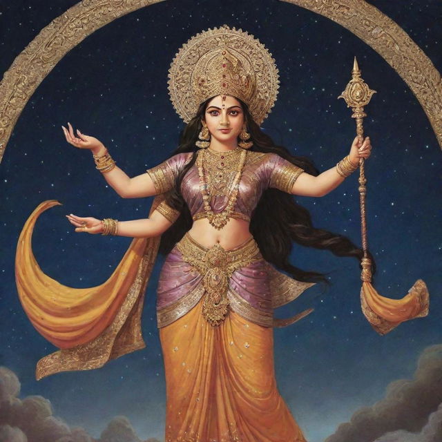 Create an image of Sita and Ravana, as described in Valmiki's Ramayana, positioned in outer space. Sita is adorned with royal attire displaying grace and elegance, with a powerful Ravana looming nearby.