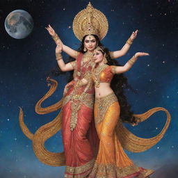 Create an image of Sita and Ravana, as described in Valmiki's Ramayana, positioned in outer space. Sita is adorned with royal attire displaying grace and elegance, with a powerful Ravana looming nearby.