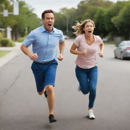 Generate an image of a man, dressed in casual attire, running in a comical manner with his wife in hot pursuit, both exhibiting exaggerated facial expressions.