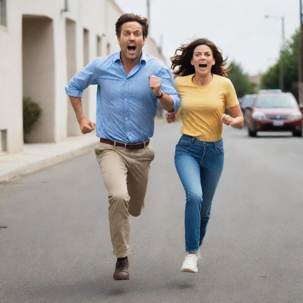 Generate an image of a man, dressed in casual attire, running in a comical manner with his wife in hot pursuit, both exhibiting exaggerated facial expressions.