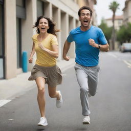 Generate an image of a man, dressed in casual attire, running in a comical manner with his wife in hot pursuit, both exhibiting exaggerated facial expressions.