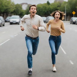 Generate an image of a man, dressed in casual attire, running in a comical manner with his wife in hot pursuit, both exhibiting exaggerated facial expressions.