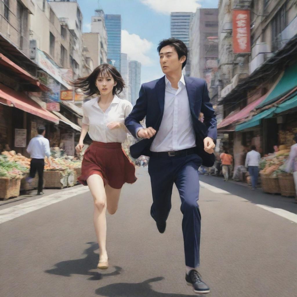 Create an anime-style image, depicting a man running in high speed toward a bustling market scene, with an anime-style woman chasing him in a backdrop of the city.