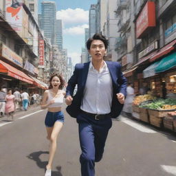 Create an anime-style image, depicting a man running in high speed toward a bustling market scene, with an anime-style woman chasing him in a backdrop of the city.