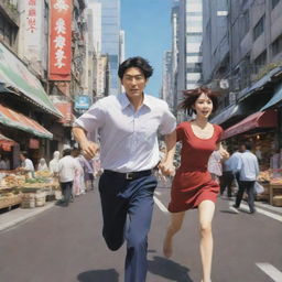 Create an anime-style image, depicting a man running in high speed toward a bustling market scene, with an anime-style woman chasing him in a backdrop of the city.