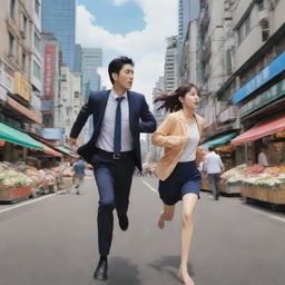 Create an anime-style image, depicting a man running in high speed toward a bustling market scene, with an anime-style woman chasing him in a backdrop of the city.