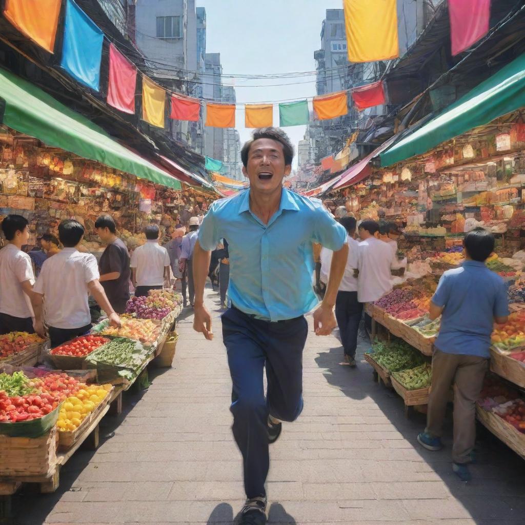 Create an anime-style image depicting a man energetically sprinting toward a vibrant and lively market brimming with colorful stalls and bustling crowd.