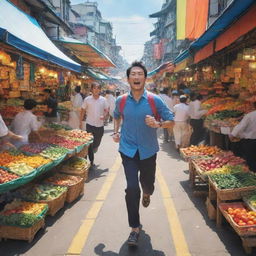 Create an anime-style image depicting a man energetically sprinting toward a vibrant and lively market brimming with colorful stalls and bustling crowd.