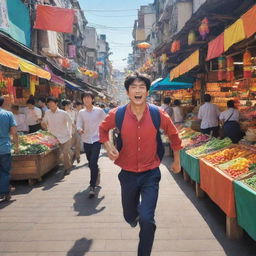 Create an anime-style image depicting a man energetically sprinting toward a vibrant and lively market brimming with colorful stalls and bustling crowd.