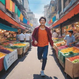 Create an anime-style image depicting a man energetically sprinting toward a vibrant and lively market brimming with colorful stalls and bustling crowd.