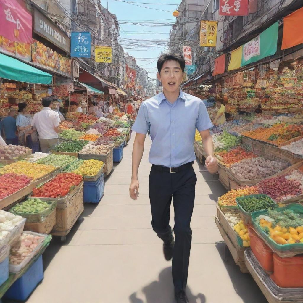 Generate an anime cartoon-like image, featuring a man in a sprint, with animated motion lines, rushing towards a vibrant, detailed market full of colorful stalls, food items, and bustling crowd.