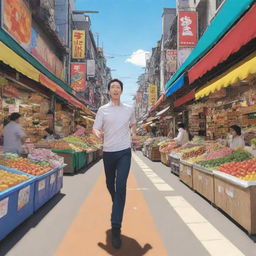 Generate an anime cartoon-like image, featuring a man in a sprint, with animated motion lines, rushing towards a vibrant, detailed market full of colorful stalls, food items, and bustling crowd.