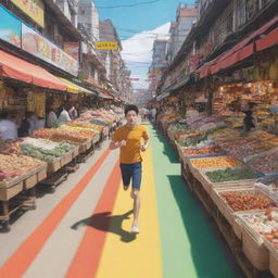 Generate an anime cartoon-like image, featuring a man in a sprint, with animated motion lines, rushing towards a vibrant, detailed market full of colorful stalls, food items, and bustling crowd.