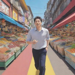 Generate an anime cartoon-like image, featuring a man in a sprint, with animated motion lines, rushing towards a vibrant, detailed market full of colorful stalls, food items, and bustling crowd.