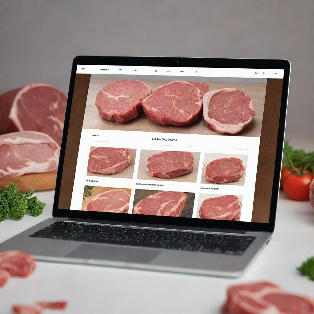 Produce an image of a butcher's website in English, including various meat industry-related elements, shown as screenshots from a Windows laptop.