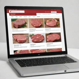 Produce an image of a butcher's website in English, including various meat industry-related elements, shown as screenshots from a Windows laptop.